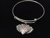 Pink Crystal Heart with Angel Wings Charm on Silver Expandable Adjustable Wire Bangle