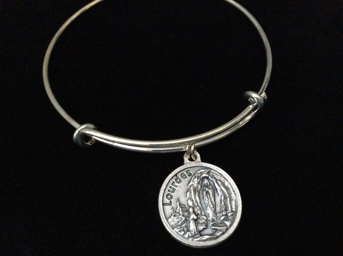 Lourdes Medal with Prayer on Back Silver Expandable Bracelet 