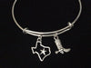 State of Texas with Star and Cowboy Boot Silver Charm on Silver Expandable Adjustable Wire Bangle