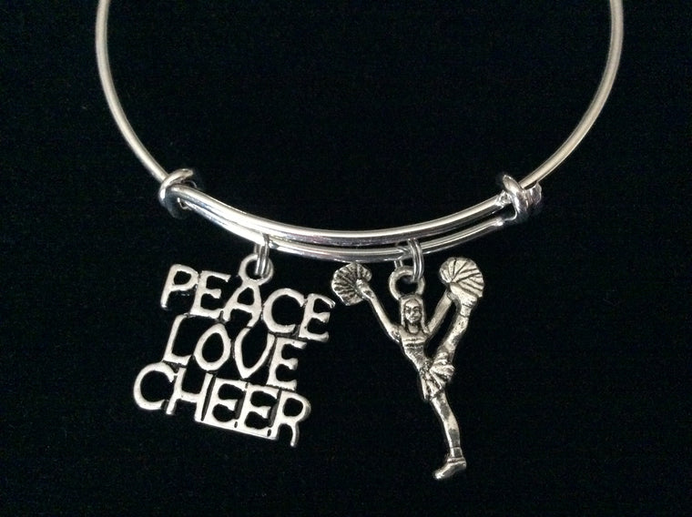 Peace Love Cheer Expandable Silver Charm Bracelet Cheerleader Adjustable Wire Bangle Handmade Graduation Gift Trendy