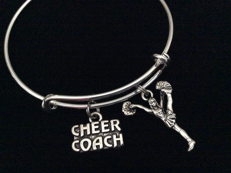 Cheer Coach with Cheerleader Expandable Silver Charm Bracelet Adjustable Wire Bangle Handmade Gift Trendy Stacking Bangles