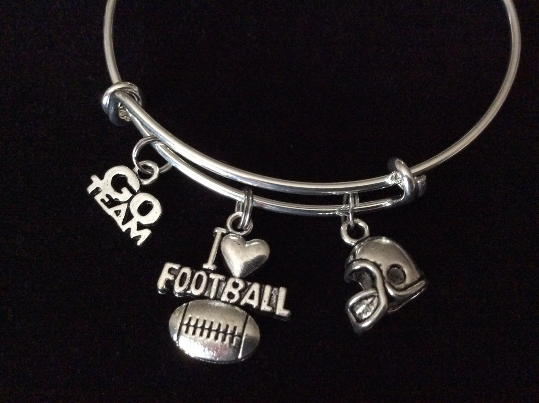 I Love Football Expandable Silver Charm Bracelet Adjustable Wire Bangle 3D Helmet Handmade Gift Trendy