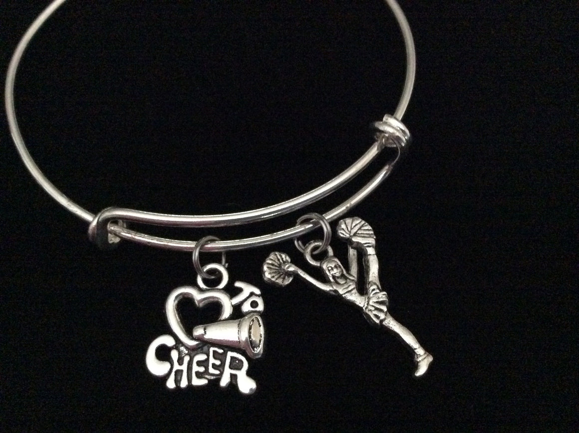 Love to Cheer Cheerleader Expandable Silver Charm Bracelet Adjustable Wire Bangle Handmade Gift Trendy Stacking Bangles