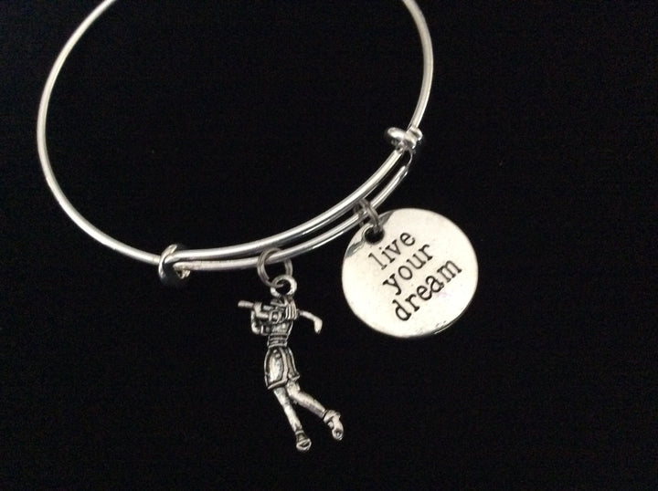 Woman Golfer Live Your Dream Golf Expandable Silver Charm Bracelet Adjustable Wire Bangle