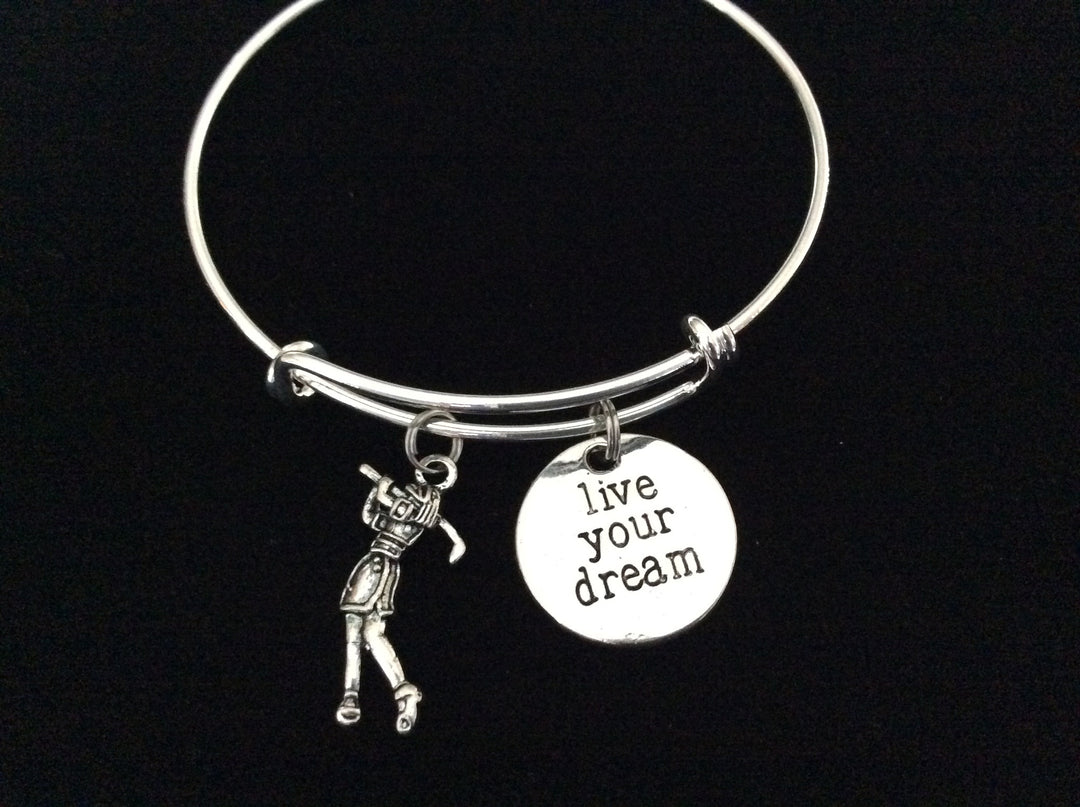 Woman Golfer Live Your Dream Golf Expandable Silver Charm Bracelet 