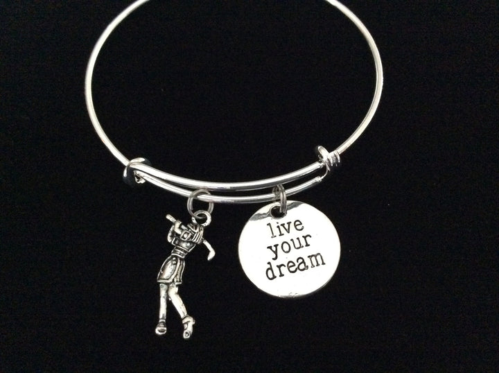 Woman Golfer Live Your Dream Golf Expandable Silver Charm Bracelet 