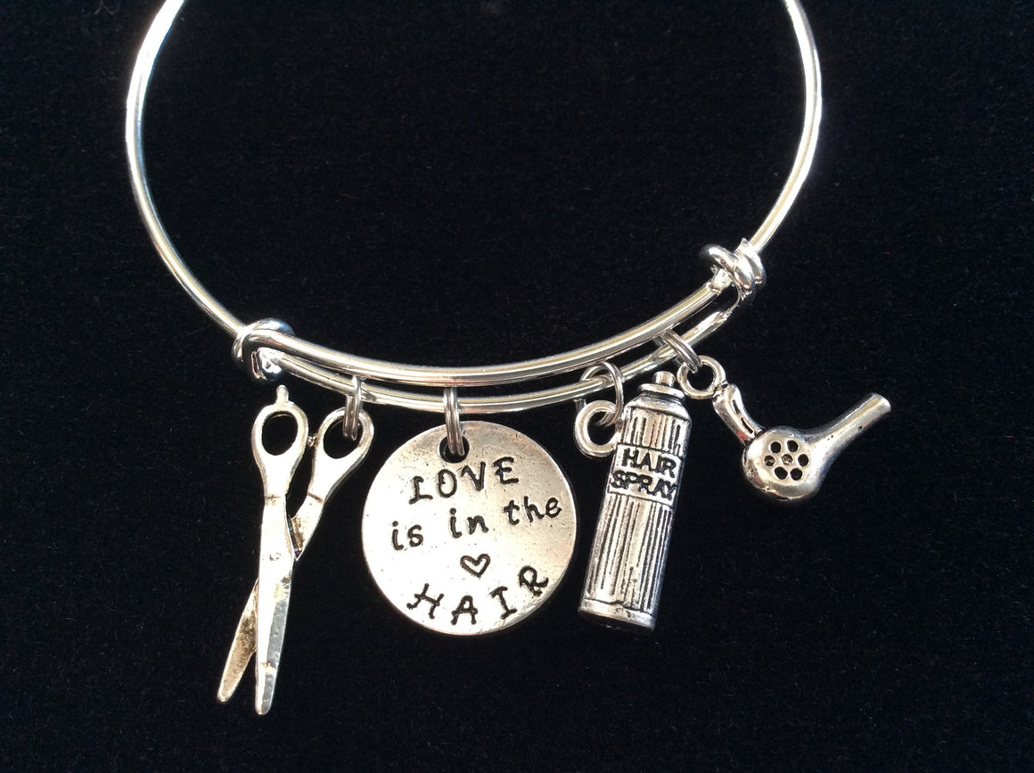 Love is in the Hair Stylist Charm Bangle Scissors Blow Dryer on a Silver Expandable Adjustable Bangle Bracelet Trendy Stacking Handmade Gift