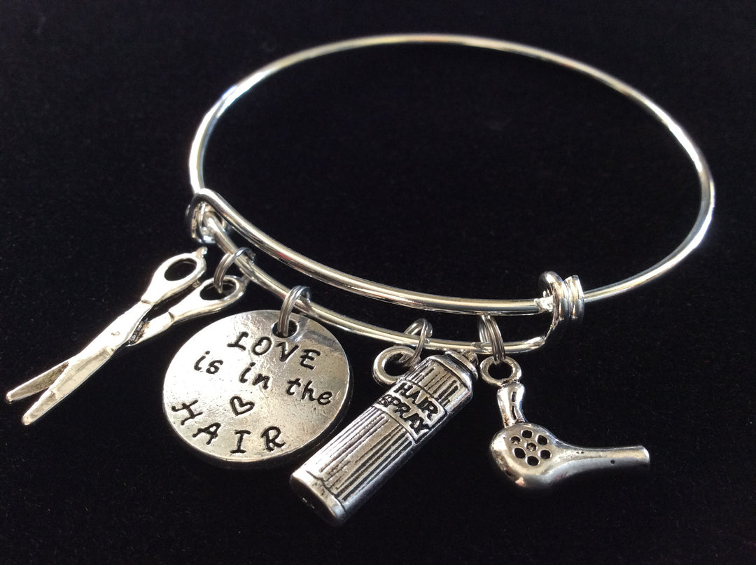 Hair Stylist Charm Bangle Scissors Blow Dryer on a Silver Expandable Adjustable Bangle Bracelet Trendy Stacking Handmade Gift