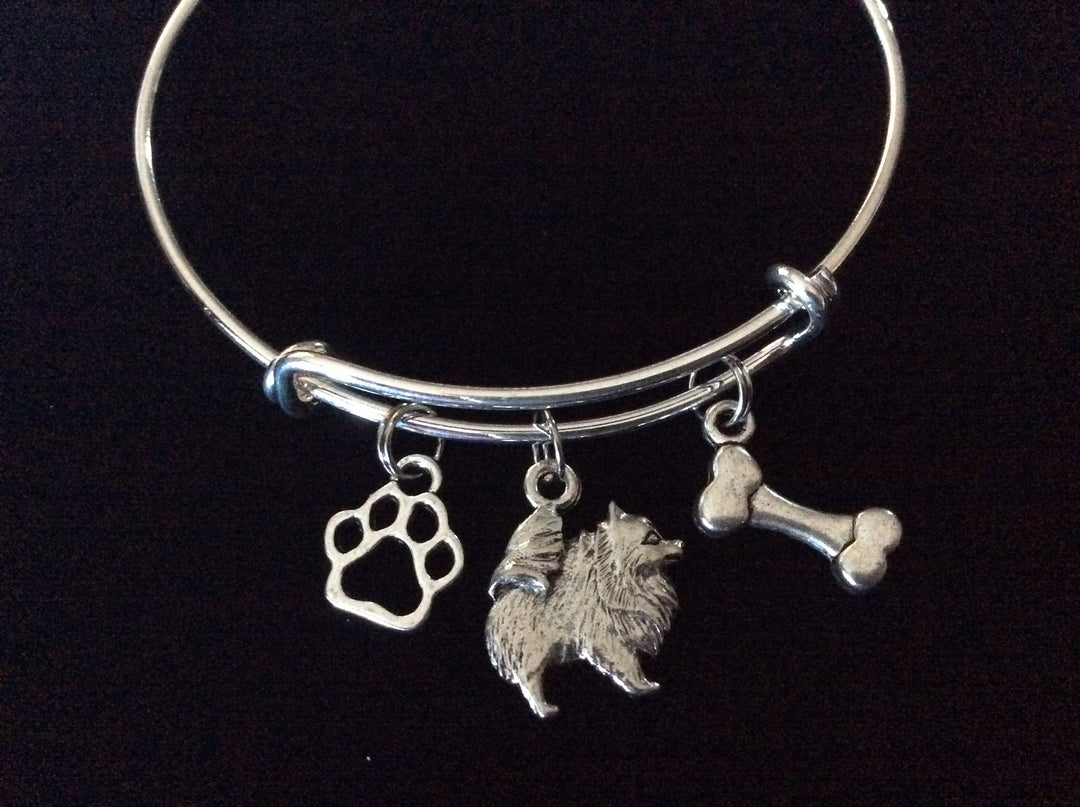 Pomeranian Dog Charm on a Silver Expandable Adjustable Bangle Bracelet Dog Lover Gift