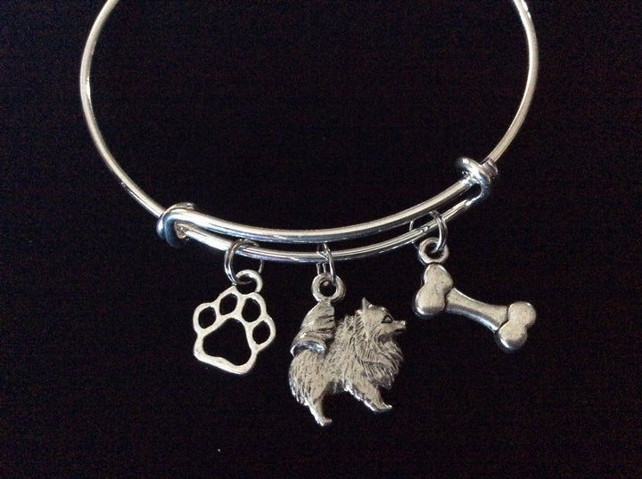 Pomeranian Dog Charm on a Silver Expandable Adjustable Bangle Bracelet Dog Lover Gift