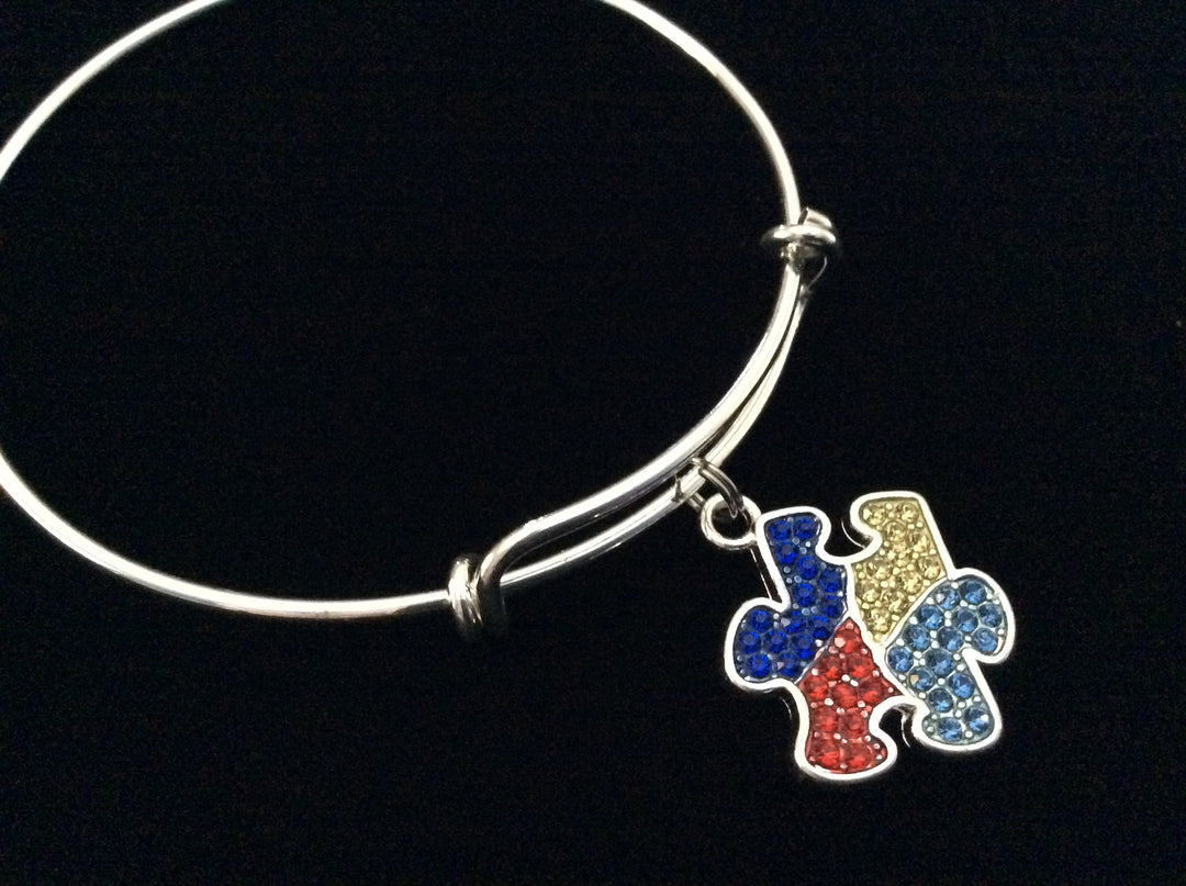Crystal Autism Silver Puzzle Piece Expandable Charm Bracelet Adjustable Wire Bangle Expandable Gift Autistic