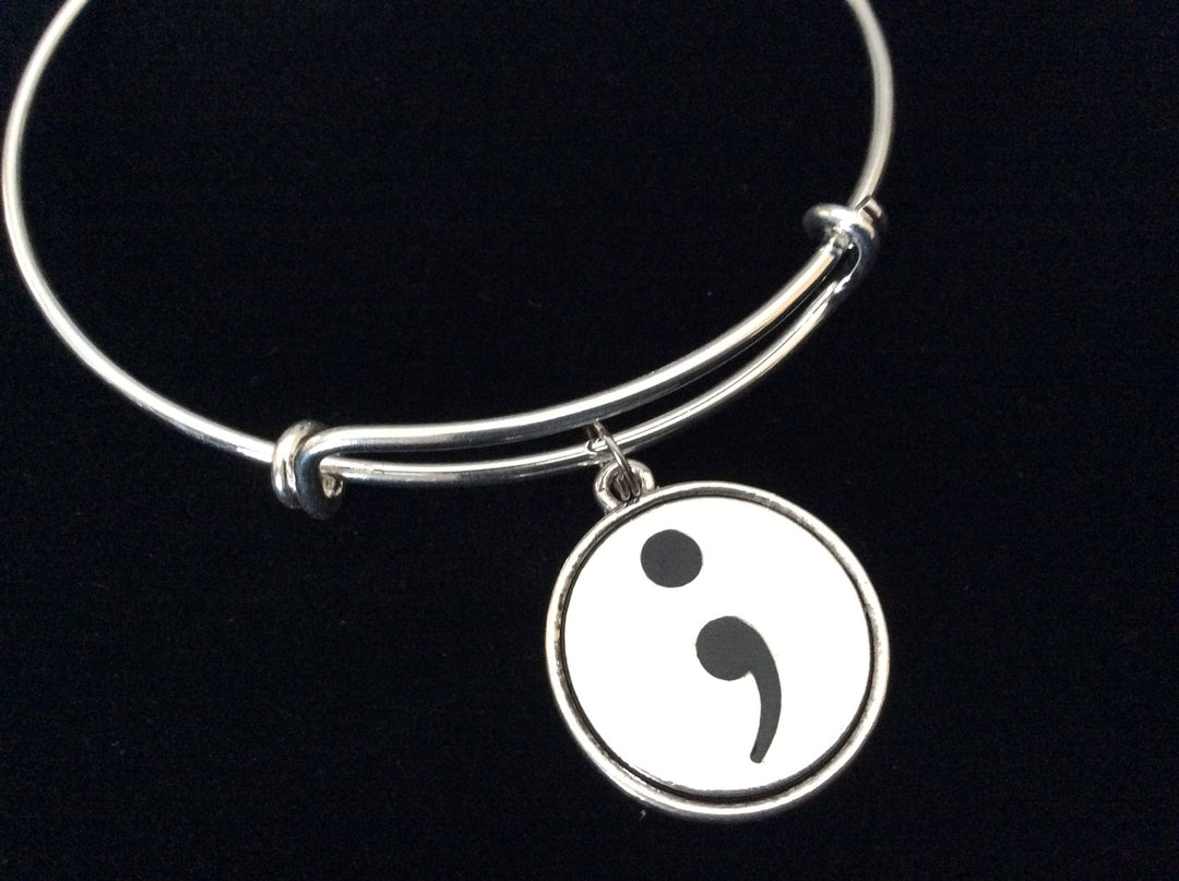 Semicolon Expandable Charm Bracelet Adjustable Silver Wire Bangle