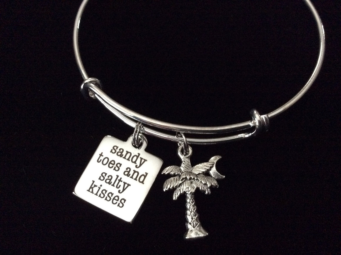 Sandy Toes and Salty Kisses Word Quote Silver Expandable Adjustable Wire Bangle Bracelet