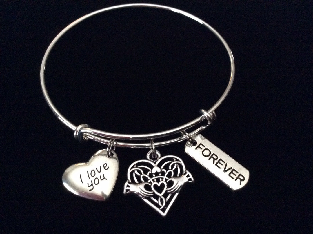 Celtic Claddagh I Love You Silver Expandable Charm Bracelet Adjustable Stacking Bangle
