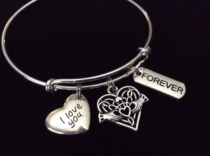 Celtic Claddagh I Love You Silver Expandable Charm Bracelet Adjustable 