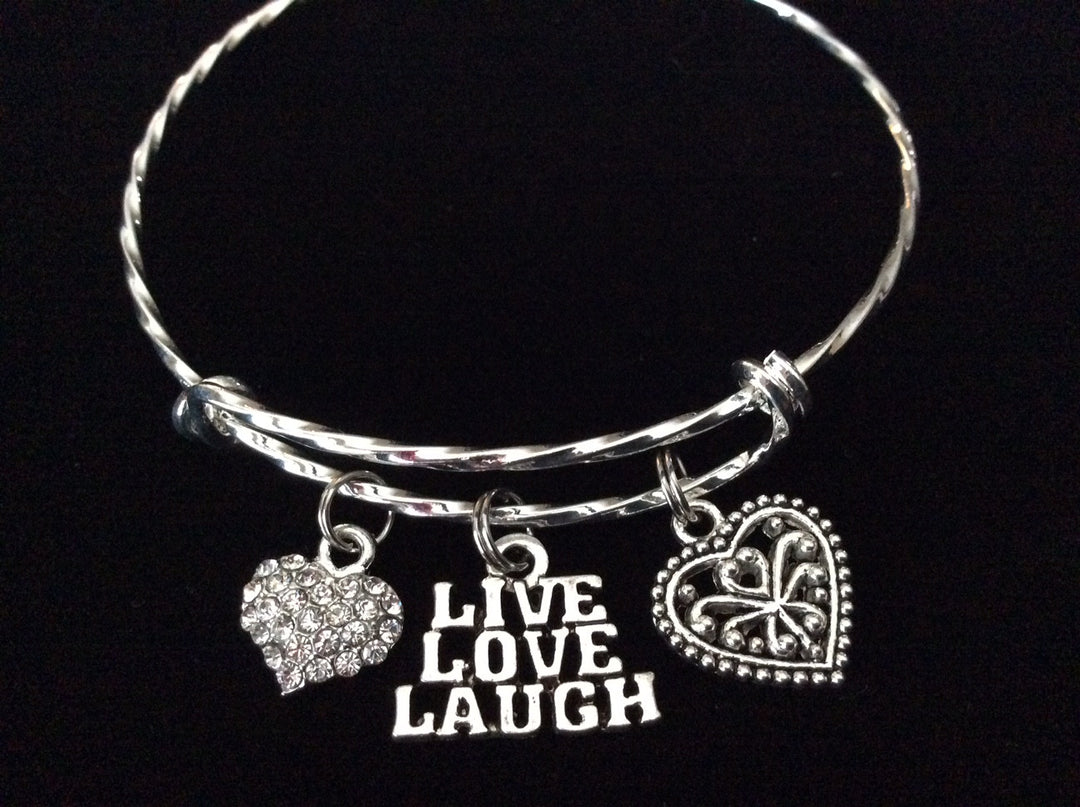 Live Love Laugh Double Hearts Twisted Silver Expandable Charm Bracelet Silver Plated Bangle Bracelet