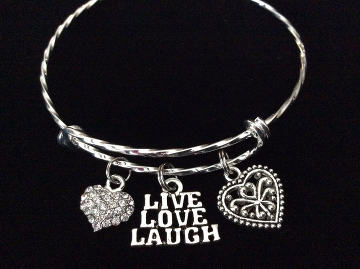 Live Love Laugh Double Hearts Twisted Silver Expandable Charm Bracelet Silver Plated Bangle Bracelet