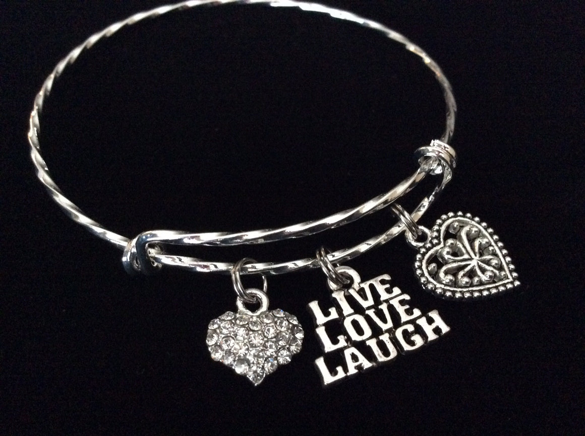 Live Love Laugh Double Hearts Twisted Silver Expandable Charm Bracelet Silver 
