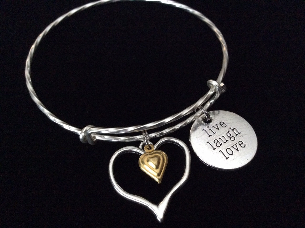 Live Love Laugh Silver Open Heart with Mini Gold Heart on a Matte Twisted Silver Expandable Charm Bracelet