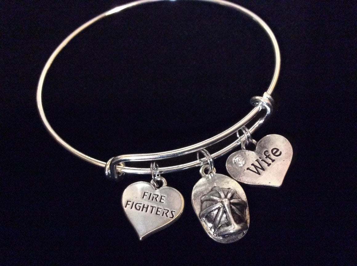 Firefighters Wife Silver Expandable Charm Bracelet Adjustable Wire Bangle Fire Helmet Gift