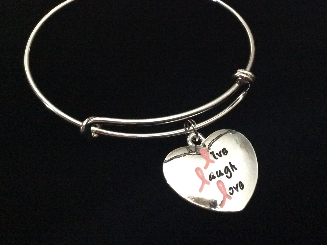 Pink Ribbon Live Laugh Love Heart Silver Expandable Charm Bracelet Gift Adjustable