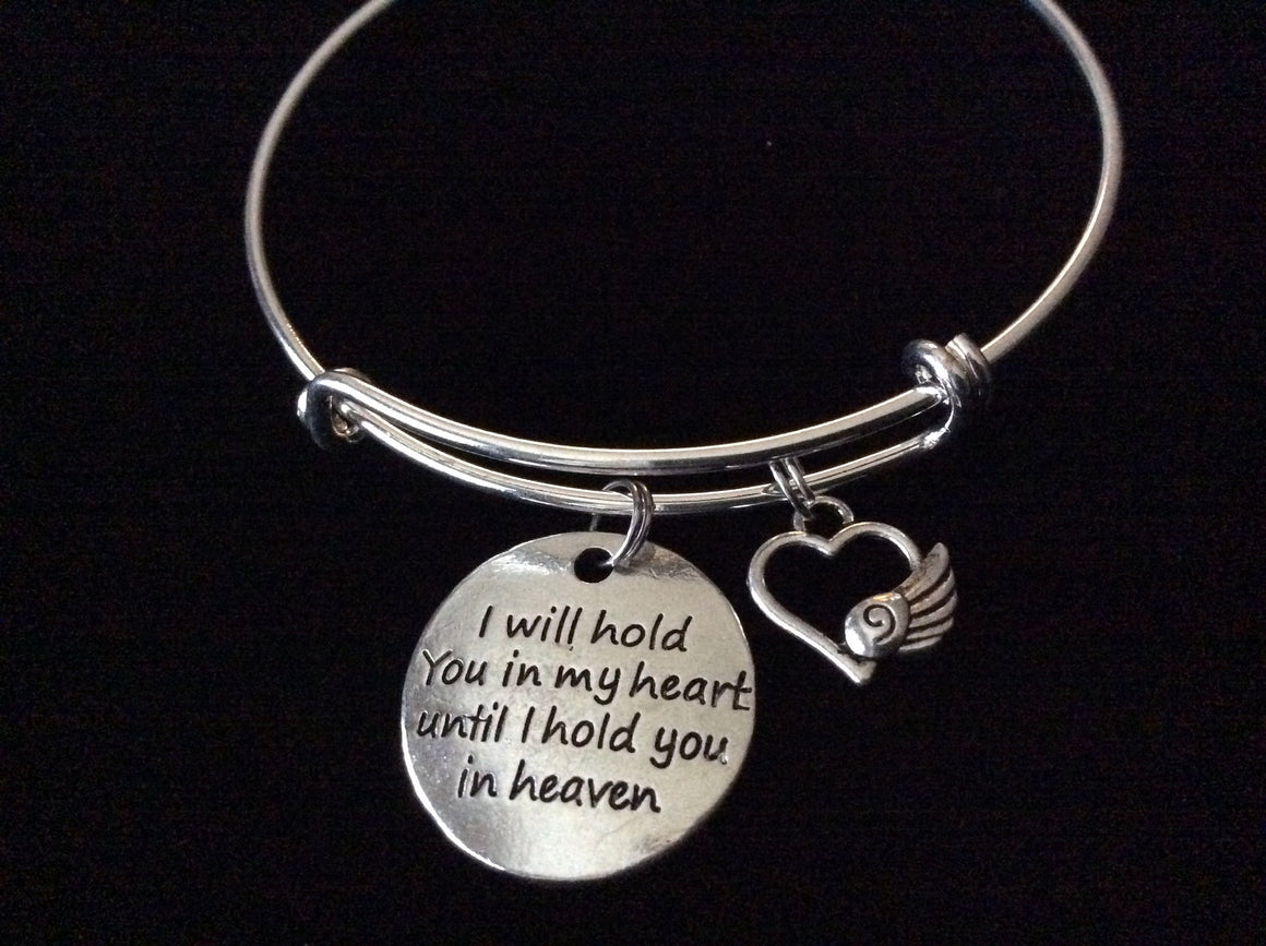 Angel Wing I will Hold you in my Heart Until I can Hold you in Heaven Silver Expandable Charm Bracelet Adjustable Bangle Gift Jewelry Inspirational