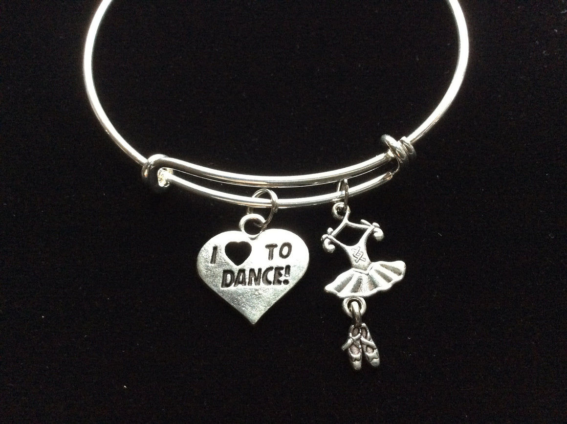 Love to Dance Silver Adjustable Expandable Wire Bangle Charm Bracelet Ballet 