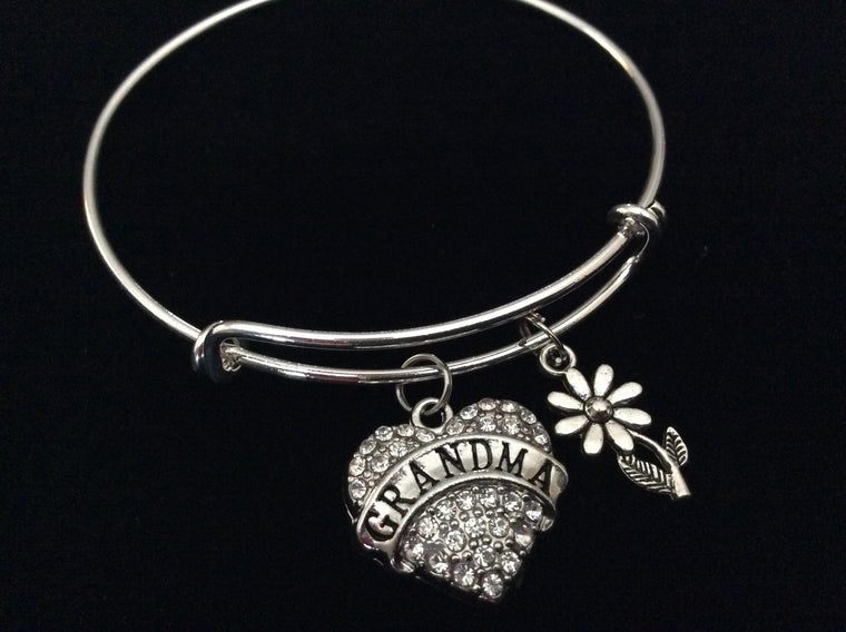 Grandma Crystal Heart Silver Charm Bracelet Adjustable Wire Bangle Expandable