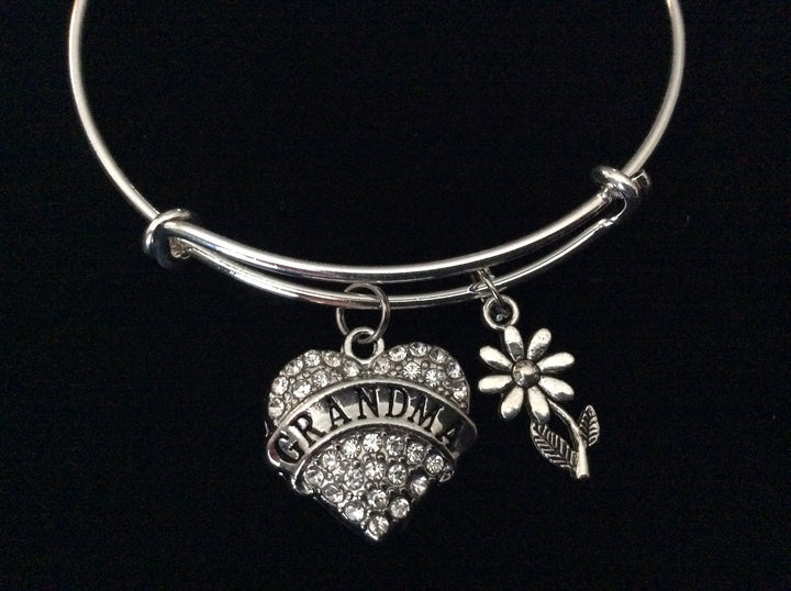 Grandma Crystal Heart Silver Charm Bracelet Expandable Wire Bangle 