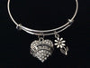 Grandma Crystal Heart Silver Charm Bracelet Expandable Wire Bangle 