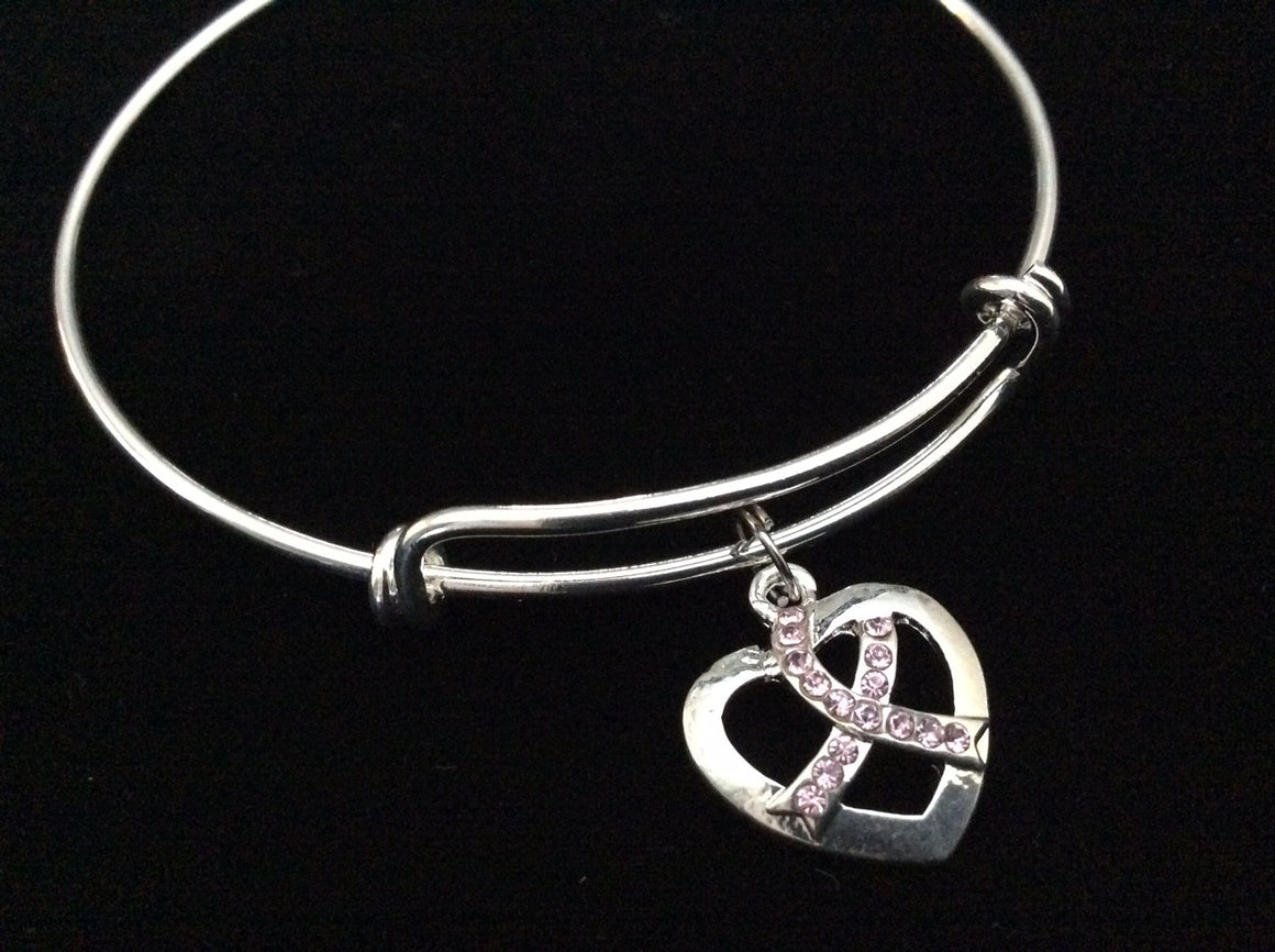 Crystal Pink Awareness Ribbon Heart Expandable Charm Bracelet Adjustable Bangle Meaningful Gift Breast Cancer