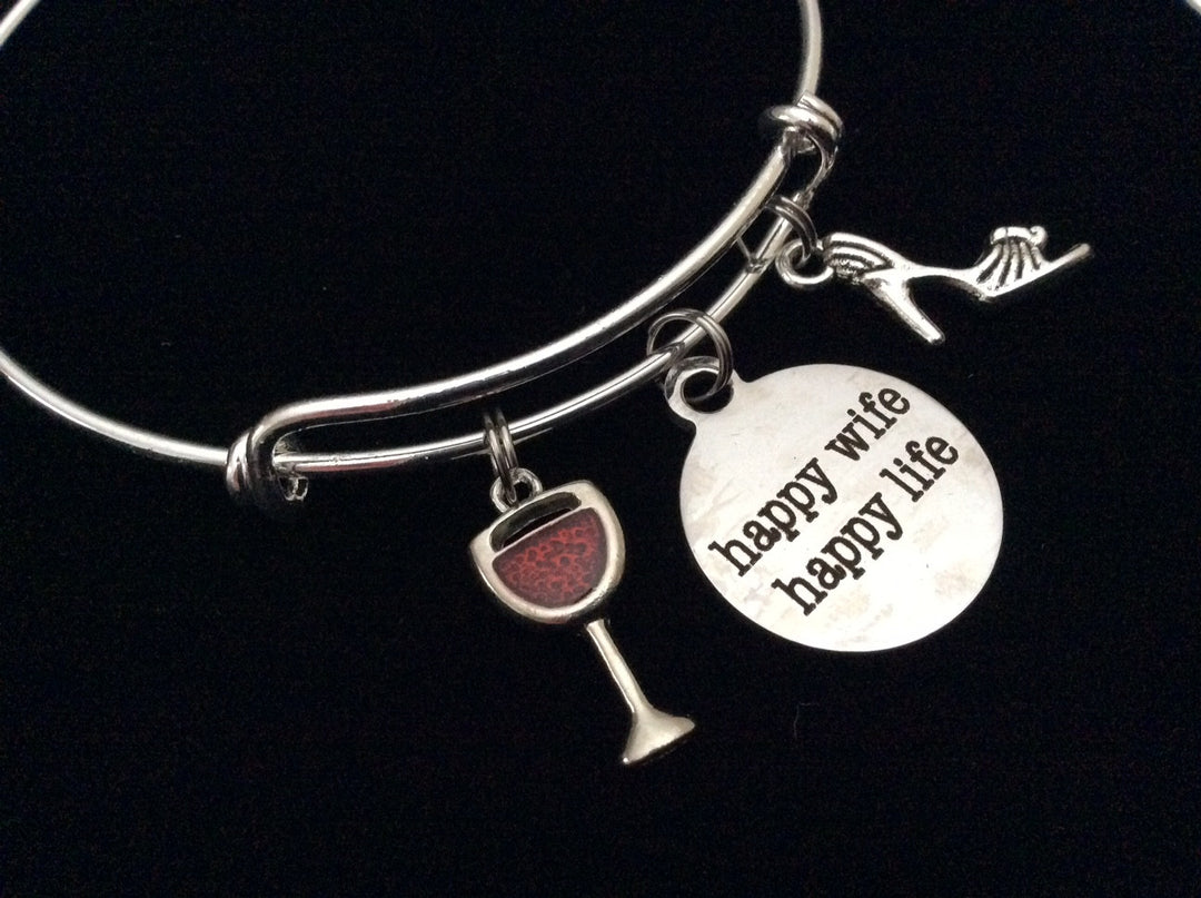 Happy Wife Happy Life with Martini and High Heel Shoe Expandable Charm Bracelet Adjustable Bangle Gift