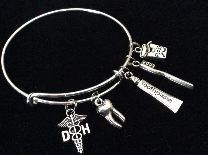 Dental Hygienst DH Expandable Silver Charm Bracelet Tooth Brush Floss Gift  