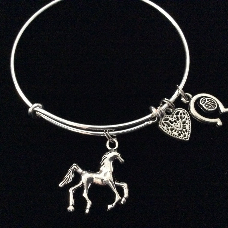 Ladybug Horseshoe with Horse and Heart Silver Expandable Charm Bracelet Adjustable Bangle