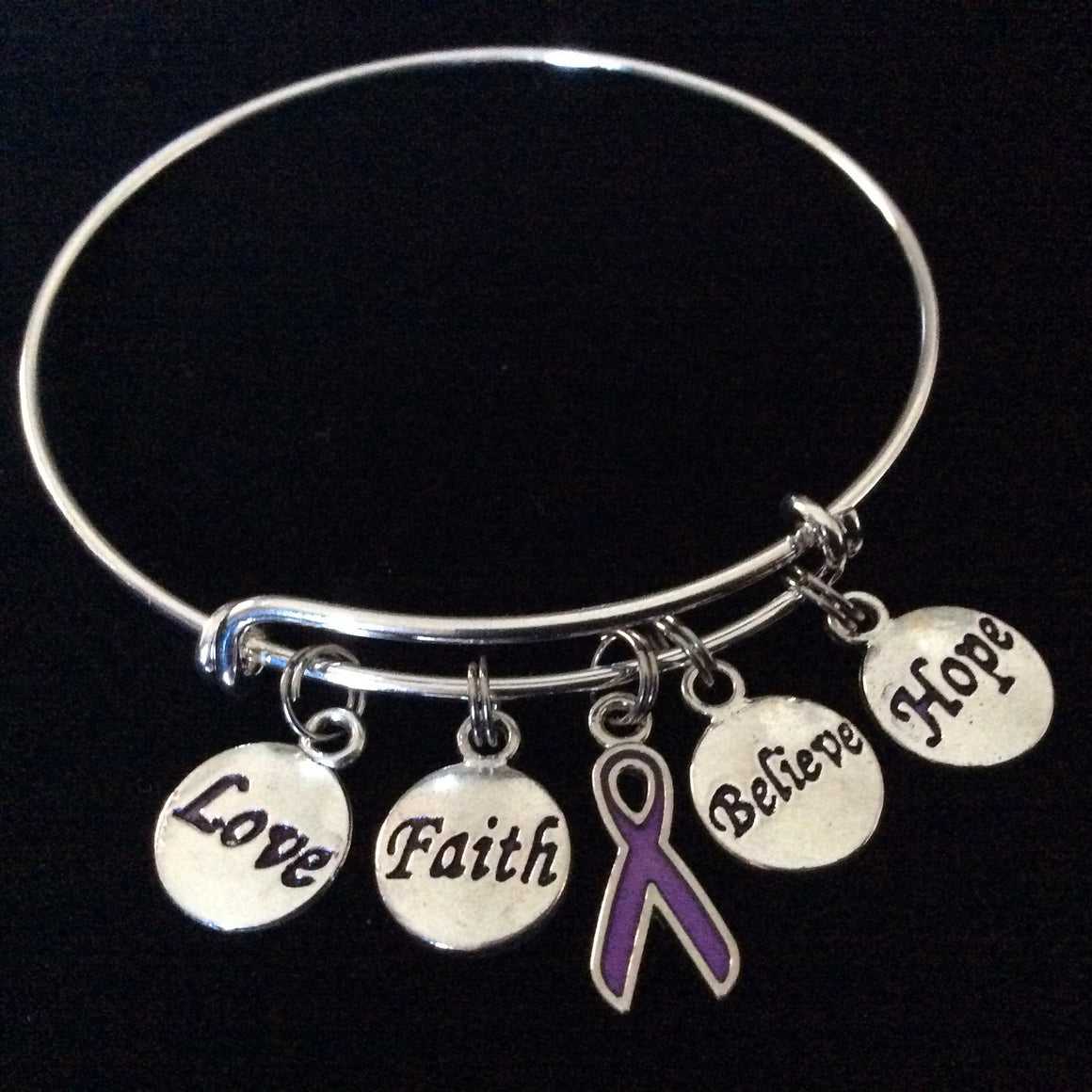 Purple Awareness Ribbon Love Faith Believe Hope Bracelet Expandable Adjustable Silver Wire Bangle Trendy Gift 