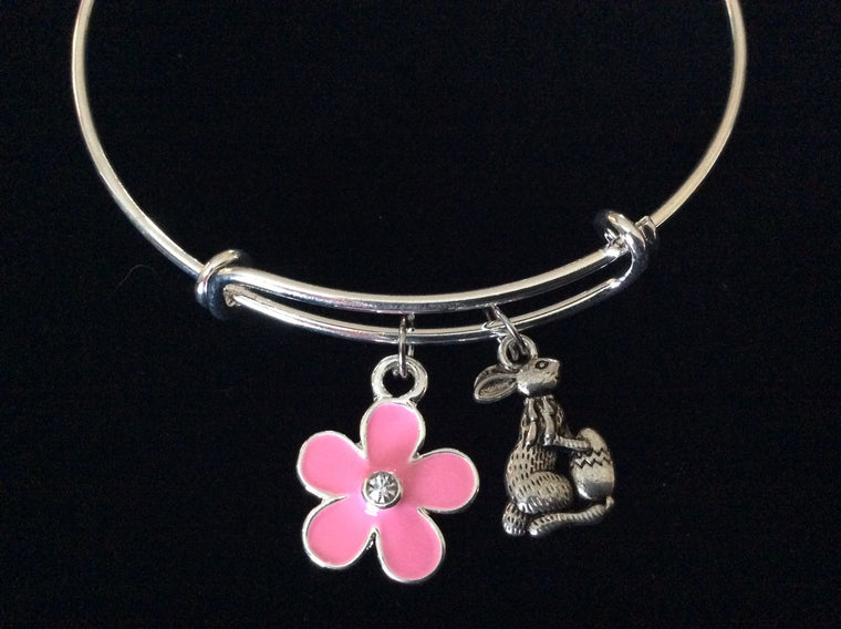 Easter Bunny Rabbit with Pink Flower Expandable Charm Bracelet Silver Adjustable Wire Bangle Basket Gift