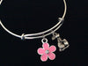 Easter Bunny Rabbit with Pink Flower Expandable Charm Bracelet Silver Adjustable Wire Bangle