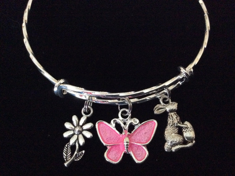 Easter Bunny with Butterfly Twisted Expandable Charm Bracelet Silver Adjustable Wire Bangle Basket Gift