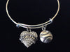 Softball Crystal Heart Charm on a Silver Expandable Bangle Bracelet Sports Team Gift Adjustable