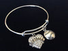 Softball Crystal Heart Charm Silver Expandable Bangle Bracelet Coach Gift Adjustable