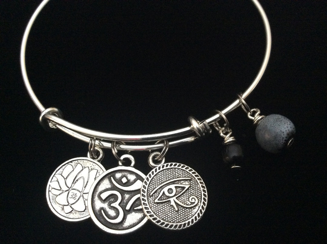 Yoga Silver Adjustable Bangle Expandable Charm Bracelet Om Evil Eye of Protection Lotus