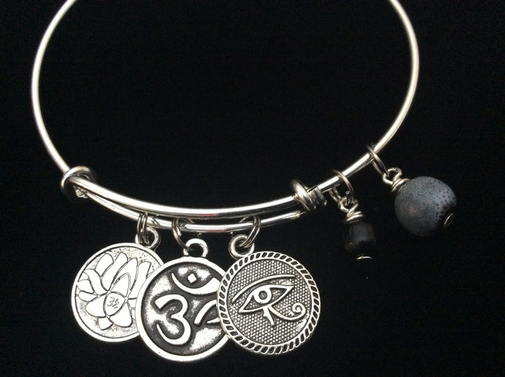 Yoga Silver Adjustable Bangle Expandable Charm Bracelet Om Evil Eye of Protection Lotus