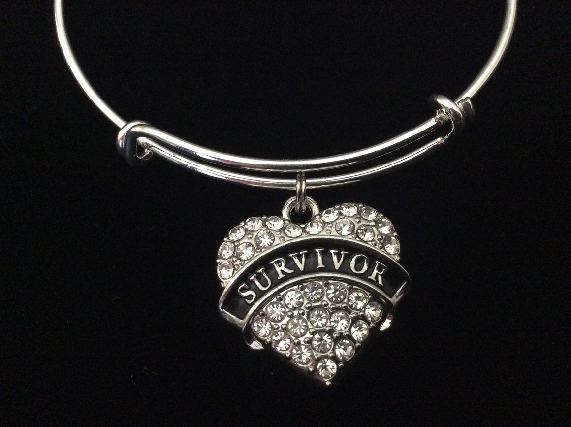 Survivor Crystal Heart Charm Silver Expandable Bangle Bracelet Gift Adjustable Inspirational