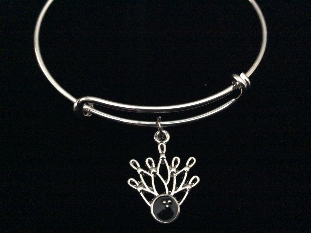 Bowling Ball with Bowling Pins Charm on a Silver Expandable Adjustable Bangle Bracelet Team Gift