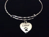 Silver Loved Heart Dog or Cat Paw Charm on a Silver Expandable Adjustable Bangle Bracelet Meaningful Gift 