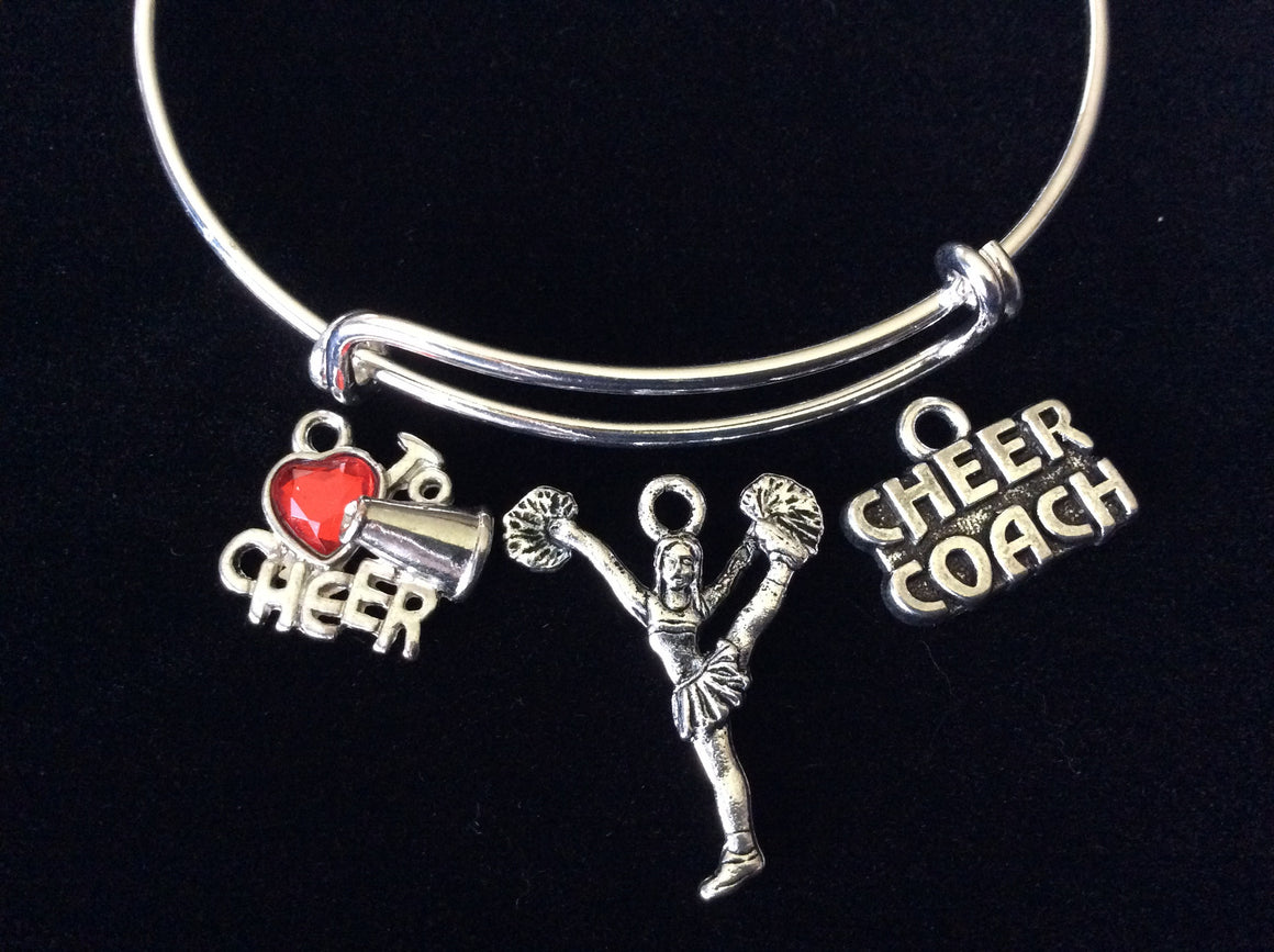 Love to Cheer Coach with Cheerleader Expandable Silver Charm Bracelet Adjustable Wire Bangle Handmade Gift Trendy Stacking