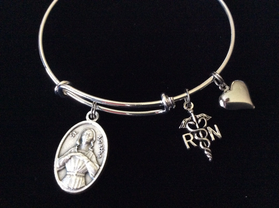 Saint Agatha with RN Charm Silver Adjustable Expandable Silver Plated Bangle Bracelet Patron Saint of Nurses Breast Cancer
