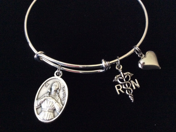 Saint Agatha with RN Charm Silver Adjustable Expandable Silver Plated Bangle Bracelet Patron Saint of Nurses Breast Cancer