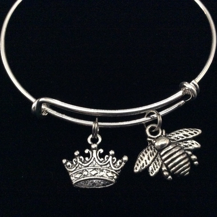 Silver Queen Bee with Crown Expandable Charm Bracelet Trendy Adjustable Collectable Stacking Bangle