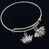Silver Queen Bee with Crown Expandable Charm Bracelet Trendy Adjustable Collectable Stacking
